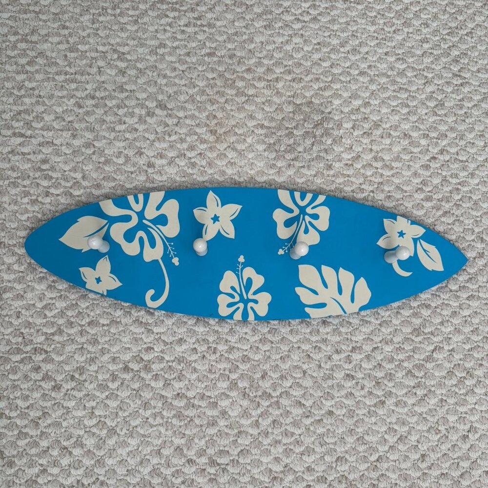 Blue Surfboard Wall Hook – Tropical Floral Design